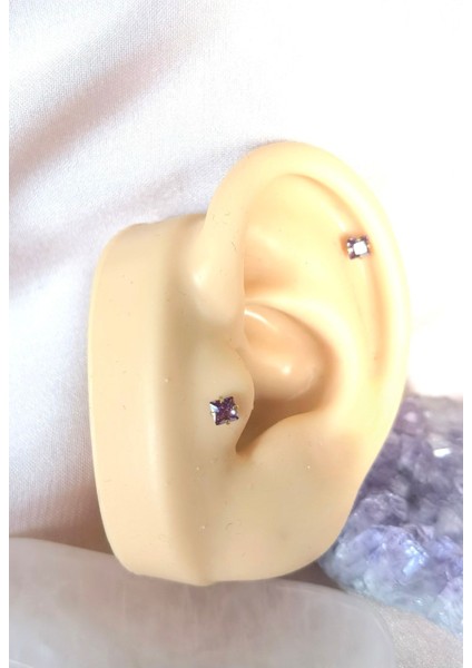 Iki Adet- %100 316 L Cerrahi Çelik Küçük Tek Taş Piercing - Bar Uzunluğu 6 Mm, Taş Çapı 3 mm