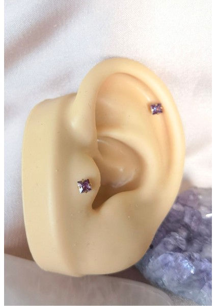 Iki Adet- %100 316 L Cerrahi Çelik Küçük Tek Taş Piercing - Bar Uzunluğu 6 Mm, Taş Çapı 3 mm