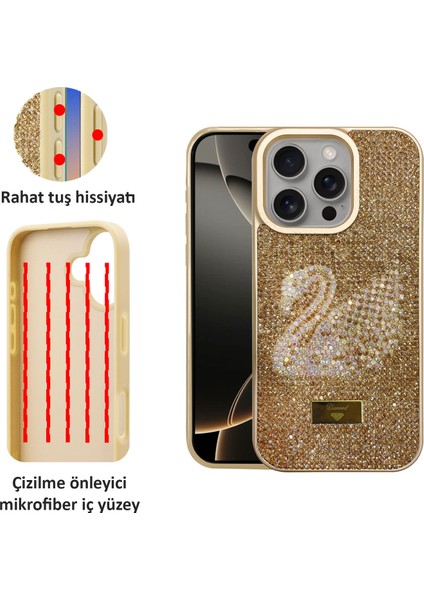 Apple iPhone 16 Pro Kılıf Kuğu Desenli Taşlı Içi Kadife Silikon