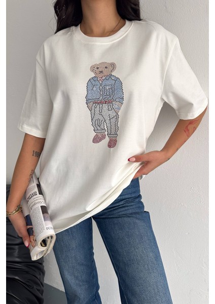 Taş Işlemeli Ayıcıklı T-Shirt Oversize %100 Pamuk Penye 405