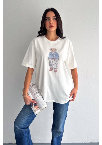 Taş Işlemeli Ayıcıklı T-Shirt Oversize %100 Pamuk Penye 405 fiyatları
