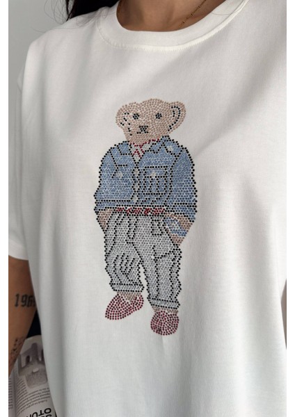 Taş Işlemeli Ayıcıklı T-Shirt Oversize %100 Pamuk Penye 405 indirimleri