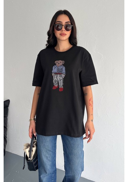 Taş Işlemeli Ayıcıklı T-Shirt Oversize %100 Pamuk Penye 405