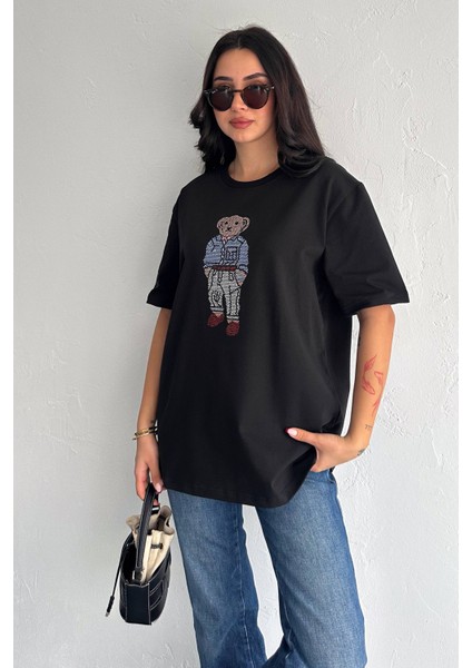 Taş Işlemeli Ayıcıklı T-Shirt Oversize %100 Pamuk Penye 405 indirimleri