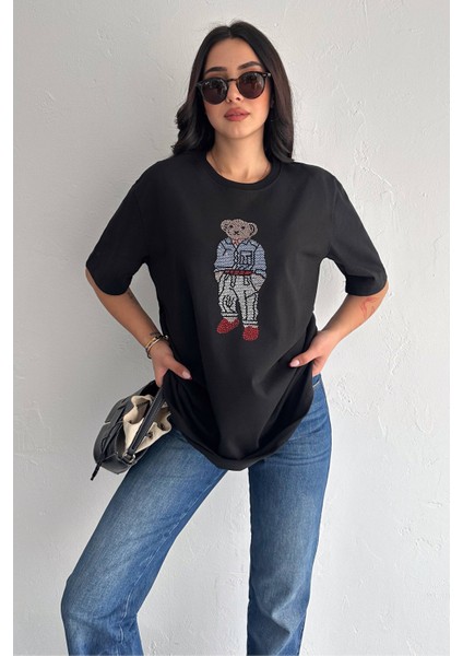 Taş Işlemeli Ayıcıklı T-Shirt Oversize %100 Pamuk Penye 405