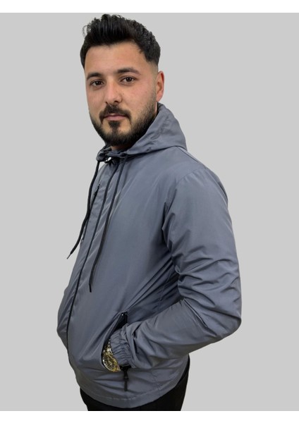 Erkek Kapüşonlu File Detaylı Füme Yağmurluk