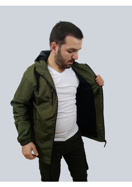 Erkek Kapüşonlu File Detaylı Haki Yağmurluk