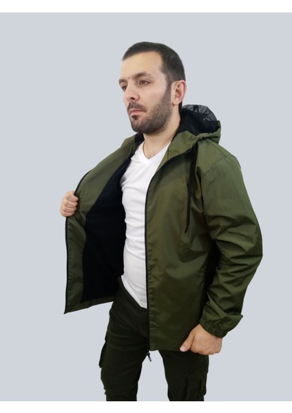 Erkek Kapüşonlu File Detaylı Haki Yağmurluk modelleri