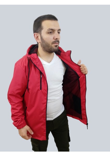 Erkek Kapüşonlu File Detaylı Kırmızı Yağmurluk