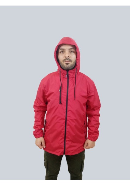 Erkek Kapüşonlu File Detaylı Kırmızı Yağmurluk modelleri