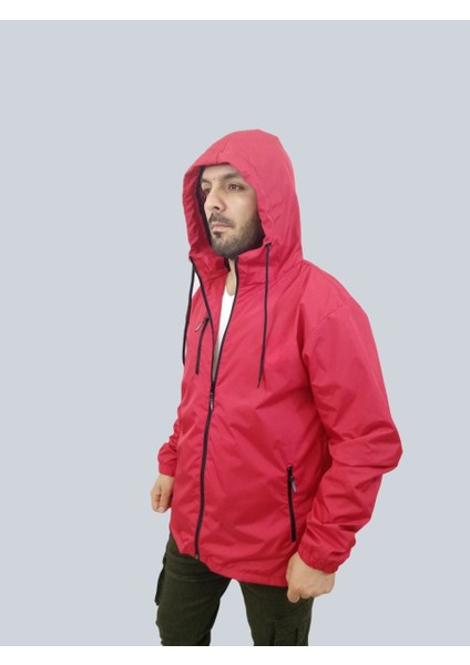 Erkek Kapüşonlu File Detaylı Kırmızı Yağmurluk fırsatları