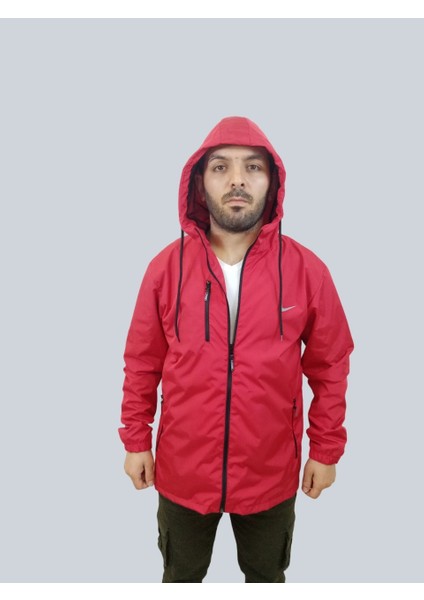 Erkek Kapüşonlu File Detaylı Kırmızı Yağmurluk indirimleri