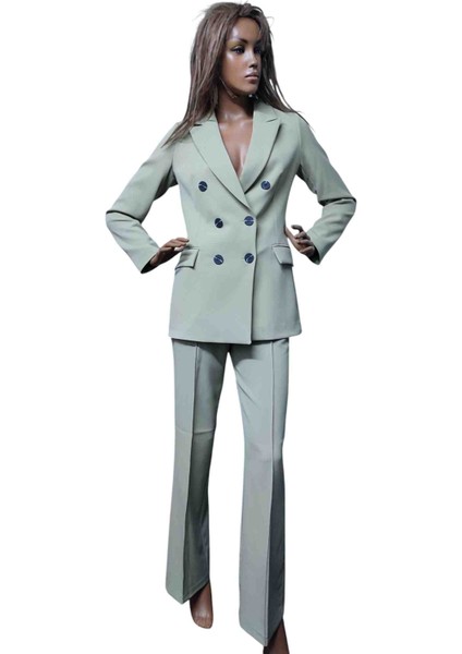 Şu Yeşili Kadın Blezar Ceket Geniş Paça Yüksek Bel Pantolon Takım Elbise