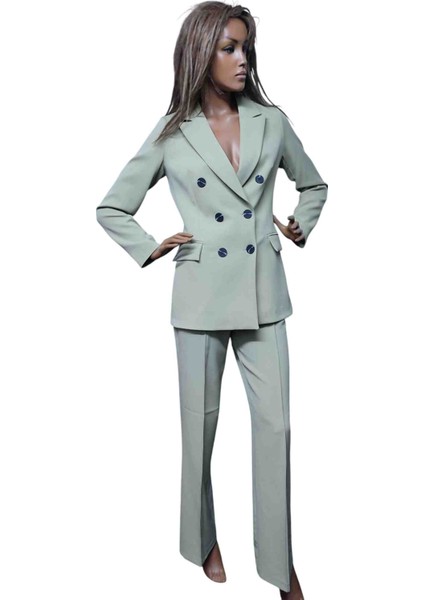 Şu Yeşili Kadın Blezar Ceket Geniş Paça Yüksek Bel Pantolon Takım Elbise fiyatları
