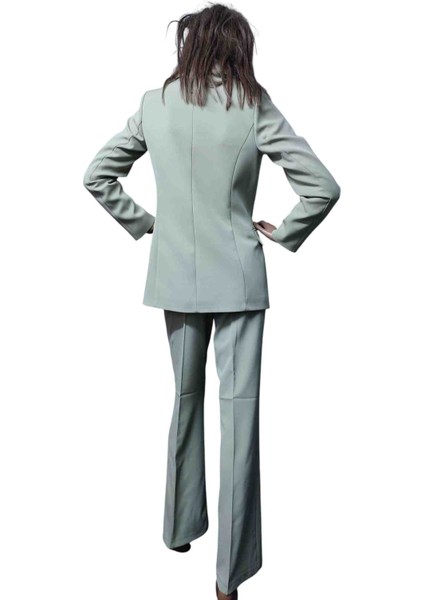 Şu Yeşili Kadın Blezar Ceket Geniş Paça Yüksek Bel Pantolon Takım Elbise fırsatları