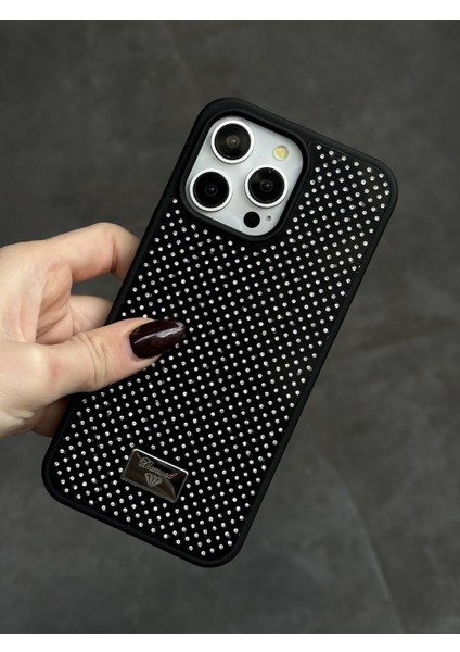 Apple iPhone 15 Pro Uyumlu Elmas Pırlanta Taşlı Siyah Kılıf