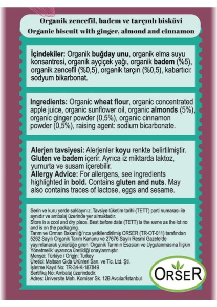 Organik ve Vegan Zencefil Badem Tarçınlı Bisküvi 60 gr 6'lı fiyatları