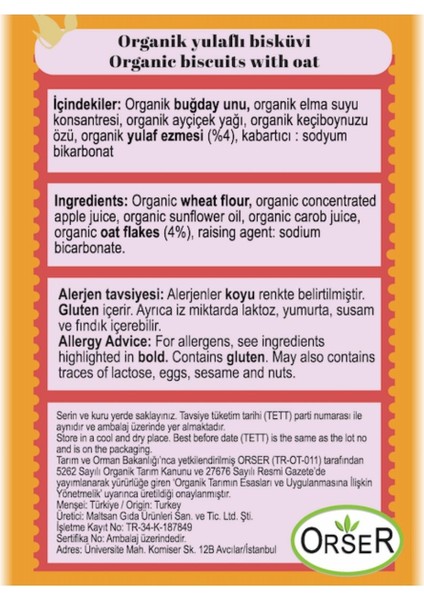 Organik ve Vegan Yulaflı Bisküvi 60 gr 6'lı modelleri
