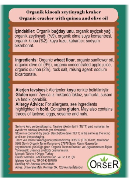 Organik ve Vegan Kinoalı Zeytinyağlı Kraker 60 gr 6'lı fiyatları