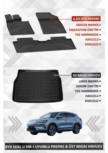 Byd Seal U Dm-i 2024+ Uyumlu 4.5D SAHLER Premium Paspas + Liner Marka 3D ÜST Bagaj Havuzu - BYD Seal U DM-i