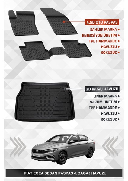 Fiat Egea Sedan Uyumlu 4.5D Premium SAHLER Paspas + Liner Marka 3D Bagaj Havuzu Seti - Egea Sedan