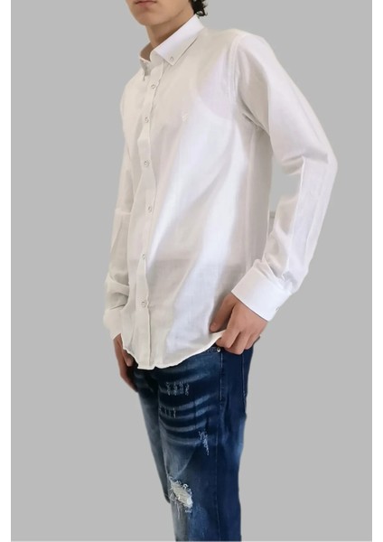 Beyaz Keten Slim Fit Uzun Kol Erkek Gömlek