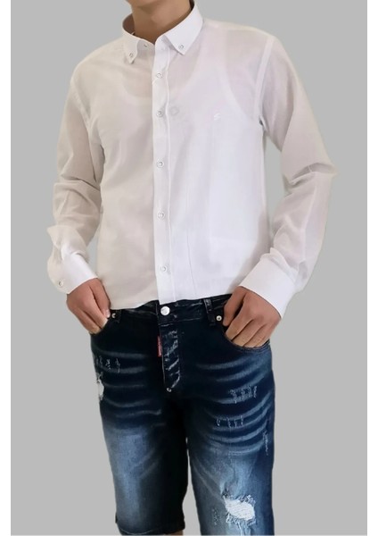 Beyaz Keten Slim Fit Uzun Kol Erkek Gömlek modelleri