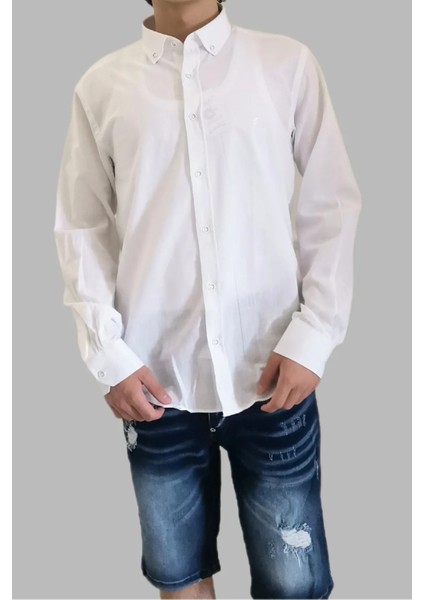 Beyaz Keten Slim Fit Uzun Kol Erkek Gömlek fırsatları