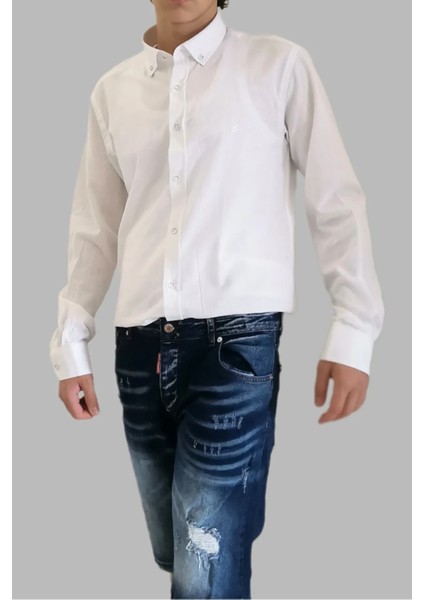 Beyaz Keten Slim Fit Uzun Kol Erkek Gömlek indirimleri