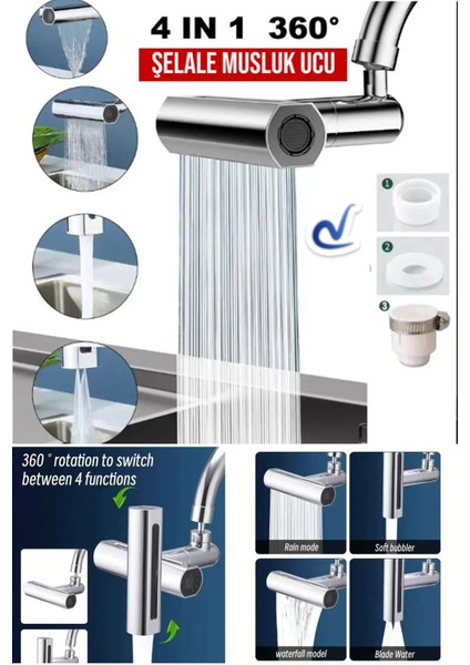 360° Şelale Akrobat 4 Farklı Moduyla Su Tasarruflu Fonksiyonel Akrobat Musluk Ucu Batarya Başlığı