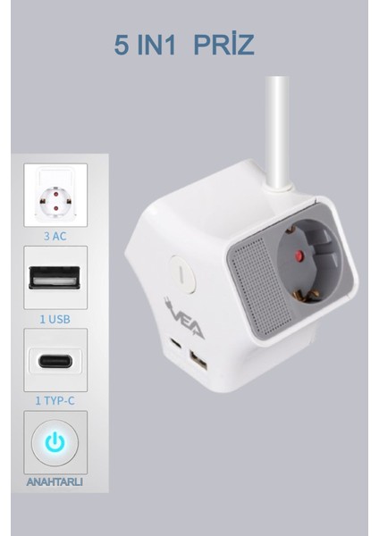 3'lü Grup Priz 3 Priz 1 USB 1 Type-C Anahtarlı Çocuk Emniyetli Dönebilen Duvar Monte Aparatlı 1.5 M