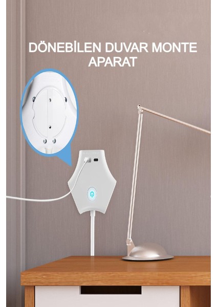 3'lü Grup Priz 3 Priz 1 USB 1 Type-C Anahtarlı Çocuk Emniyetli Dönebilen Duvar Monte Aparatlı 1.5 M