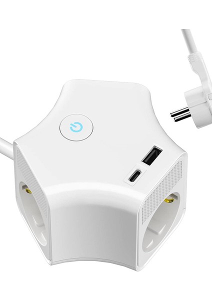 3'lü Grup Priz 3 Priz 1 USB 1 Type-C Anahtarlı Çocuk Emniyetli Dönebilen Duvar Monte Aparatlı 1.5 M