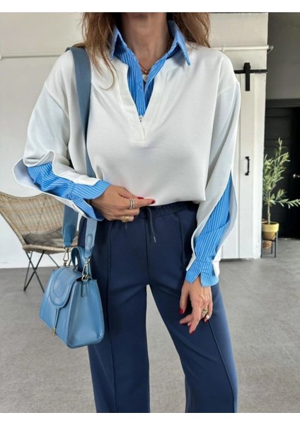 Kadın V Yaka Içi ve Kolları Gömlek Detaylı Pamuk Sweatshirt indirimleri