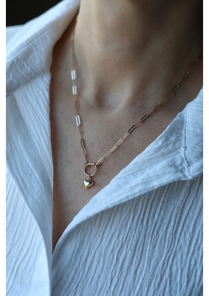 14 Ayar Altın Kalp Detaylı Ataç Kolye