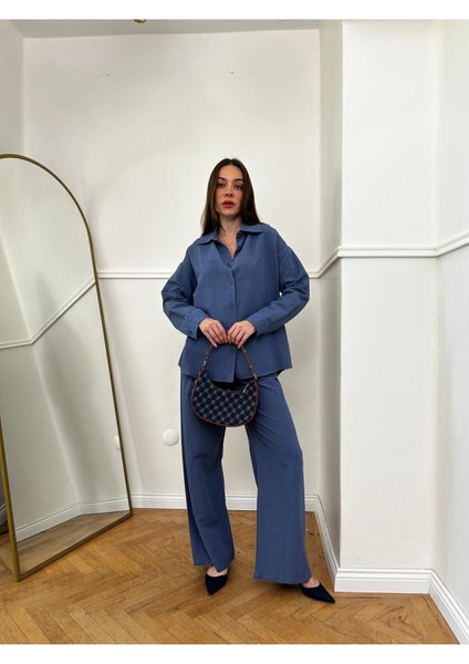 Magarde Kadın Basic Oversize Tunik ve Pileli Tam Kalıp Bol Pantolonlu Keten Takım