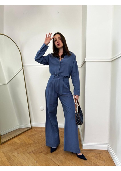 Magarde Kadın Basic Oversize Tunik ve Pileli Tam Kalıp Bol Pantolonlu Keten Takım