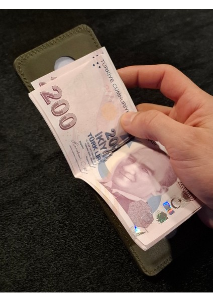 Erkek Cüzdan Deri Para Klipsli Cüzdan & Kartlık Haki Yeşil İnce Kartlık