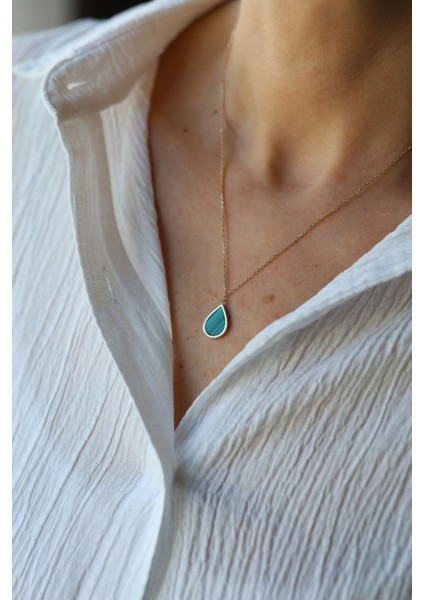 14 Ayar Altın Malahit Taş Detaylı Damla Kolye