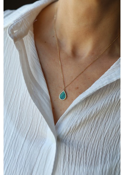 14 Ayar Altın Malahit Taş Detaylı Damla Kolye modelleri