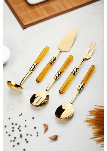 5 Parça Gold Servis Seti & Servis Sunum Seti Amber ( Kepçe / Kevgir / Sıpatula / Çatal / Kaşık )