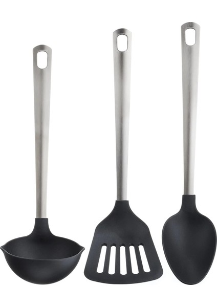 3'lü Set Mutfak Gereçleri Seti Ikea Kaşık + Kepçe + Spatula Metal Saplı Pişirme Servis Gereçleri