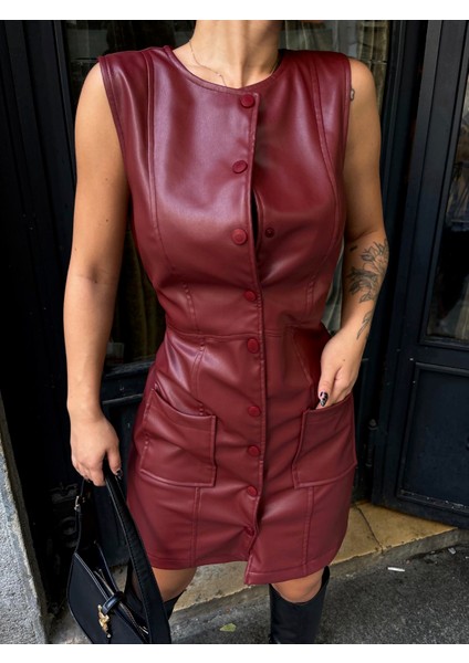 Önden Düğmeli Deri Jile Elbise Bordo fiyatları