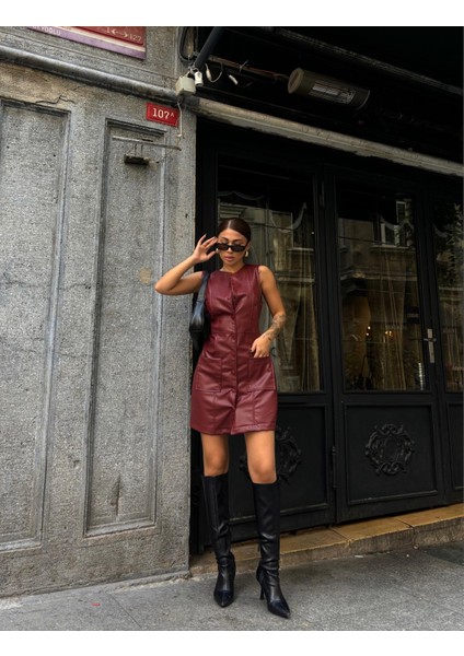 Önden Düğmeli Deri Jile Elbise Bordo fırsatları