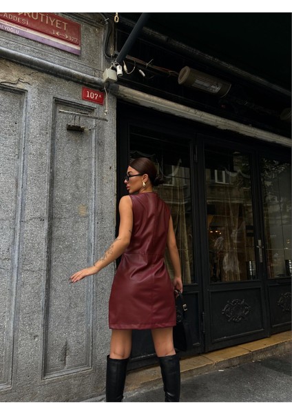 Önden Düğmeli Deri Jile Elbise Bordo indirimleri