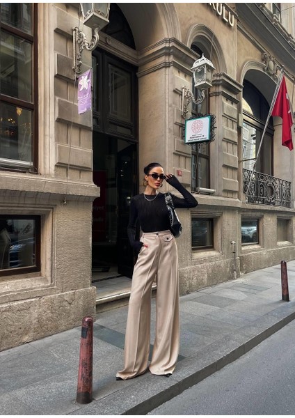 Yün Efektli Palazzo Pantolon Bej
