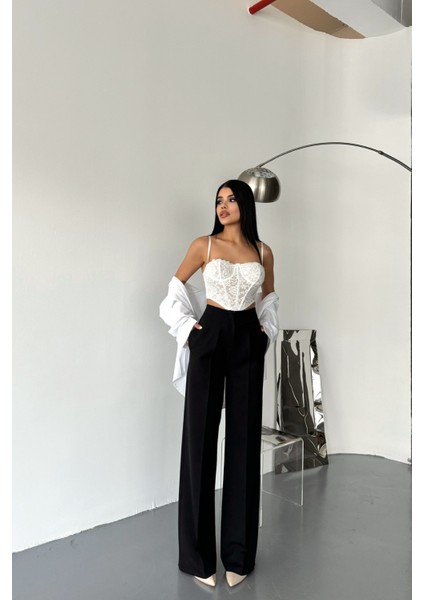 Siyah Düğme Detay Palazzo Pantolon