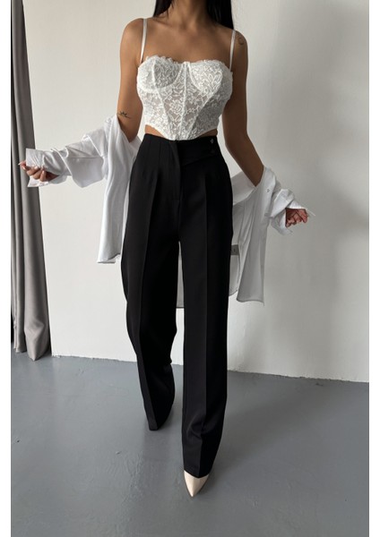 Siyah Düğme Detay Palazzo Pantolon modelleri