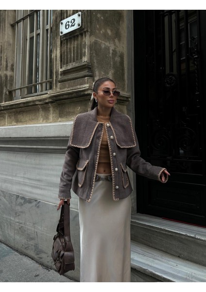 Kaşe Ceket Yaka -Cep Çoban Dikiş Detaylıkahverengi