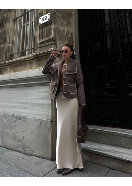 Kaşe Ceket Yaka -Cep Çoban Dikiş Detaylıkahverengi fiyatları